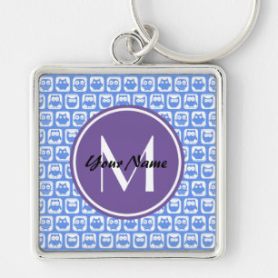 Lilac Monogram Blue and White Owl Pattern Keychain