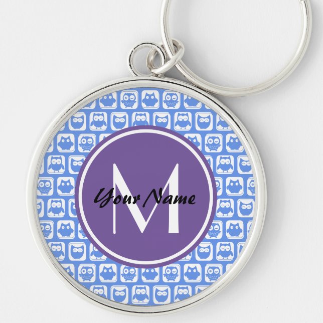 Lilac Monogram Blue and White Owl Pattern Keychain (Front)
