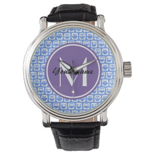 Lilac Monogram Blue and White Owl Pattern Watch