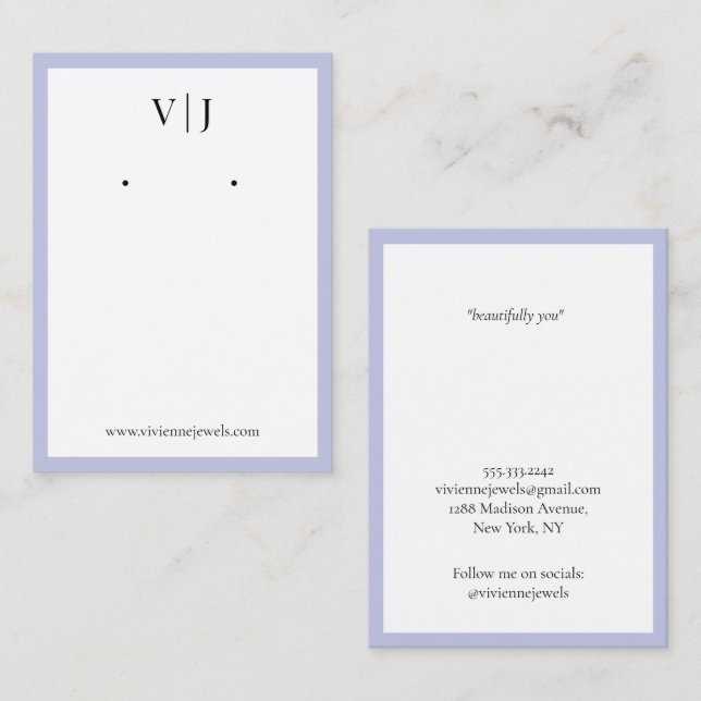 Lilac Monogram Jewelry Earrings Display Card (Front/Back)