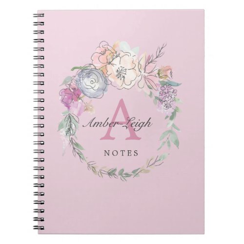 Lilac Monogram Pastel Floral Line Art Wreath Notebook