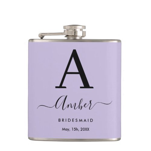 Lilac Monogram Personalized Bridesmaid Hip Flask