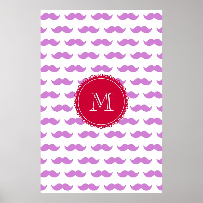 Lilac Mustache Pattern, Red White Monogram Poster