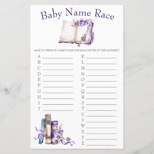 Lilac New Chapter Baby Name Race Baby Shower Game