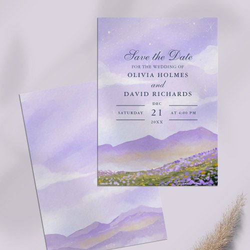 Lilac Night Sky Mountains Fields Save the Date Invitation