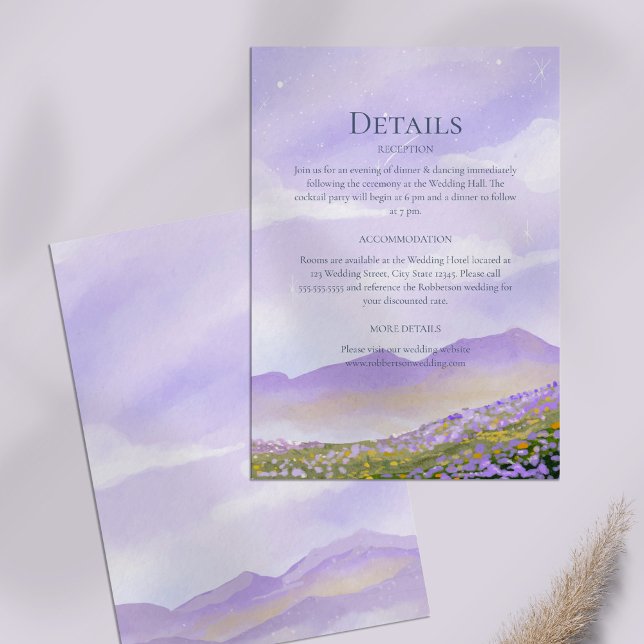 Lilac Night Sky Mountains Meadow Wedding Details  Invitation (Lilac Night Sky Mountains Meadow Wedding Details Invitation on a lilac table.)