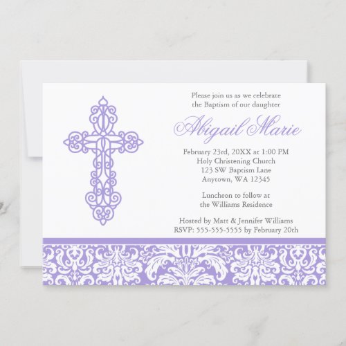 Lilac Ornate Cross Damask Girl Baptism Christening Invites
