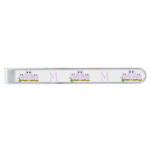 Lilac Owls Design Monogrammed Silver Finish Tie Bar