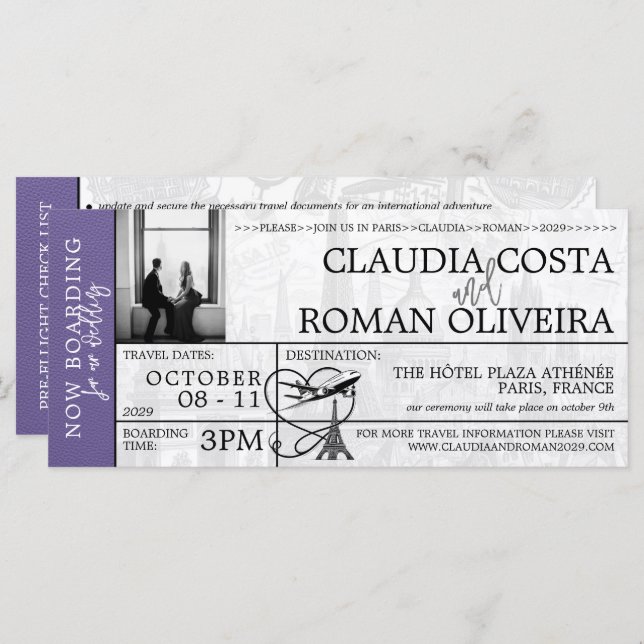 Lilac Paris Wedding Boarding Pass Invitation (Front/Back)