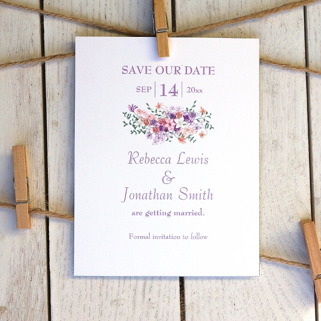 Lilac & Peach Bouquet Wedding Save the Date Invitation (lilac and peach wedding save the date card, peach flowers, lilies and light purple roses)
