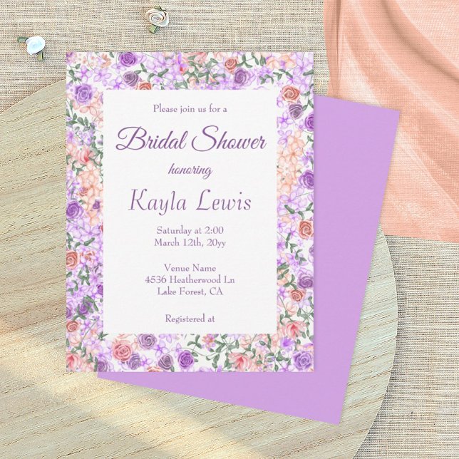 Lilac, Peach Floral Bridal Shower w/ Rose Border Invitation (purple wedding bridal shower invitation with lilac and peach rose border)