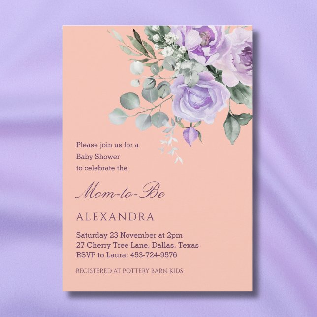 Lilac Peach Floral Peony Baby Shower Invitation (Creator Uploaded)