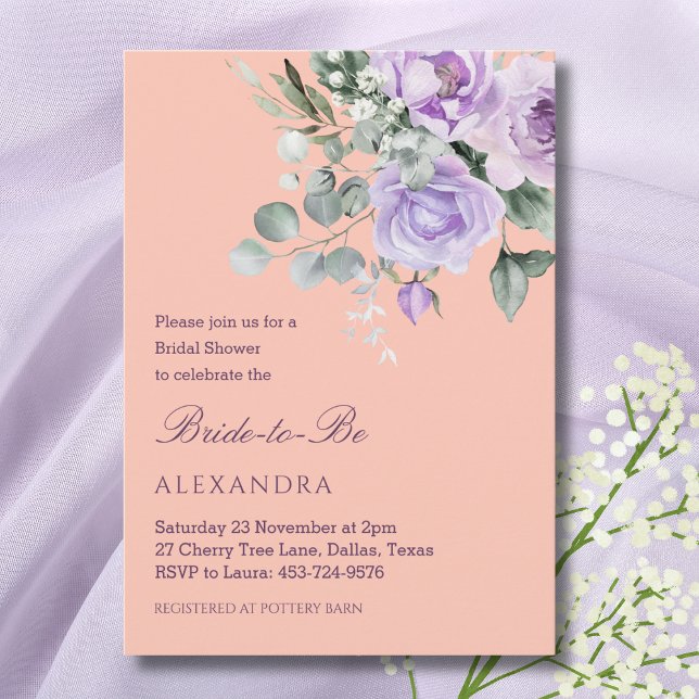 Lilac Peach Floral Peony Bridal Shower Invitation (Creator Uploaded)