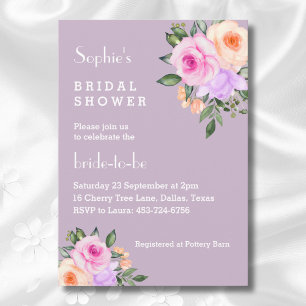 Lilac Peach Floral Pink Roses Bridal Shower  Invitation