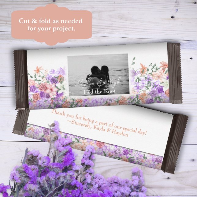 Lilac & Peach Floral Wedding Candy Bar Wrapper (lilac purple peach mauve rose pink personalized wedding chocolate candy bar wrapper labels)
