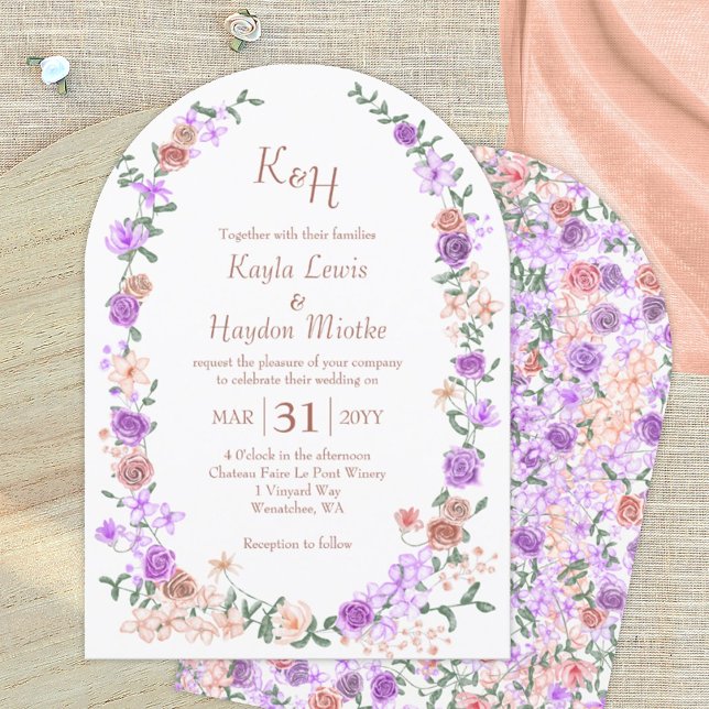 Lilac & Peach Rose Garden Arches Canopy Wedding Invitation (lilac and peach floral wedding invitations, rose garden wedding arches)