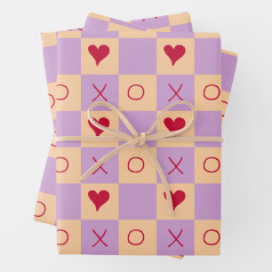 Lilac Peach XO heart Checkered Wrapping Paper Sheets