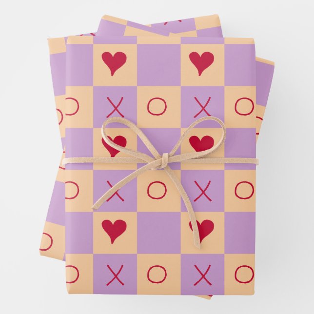 Lilac Peach XO heart Checkered   Wrapping Paper Sheets (In situ)