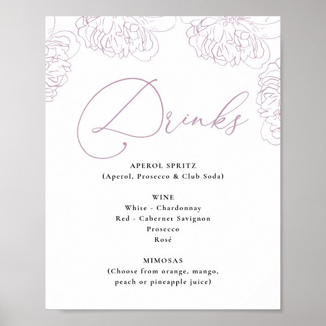 Lilac Peonies Floral Bridal Shower Drinks Menu Poster (Front)
