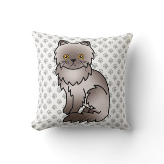 Lilac Persian Cute Cartoon Cat &amp; Paws Throw Pillow