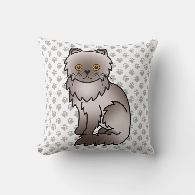 Lilac Persian Cute Cartoon Cat & Paws Throw Pillow (Front)