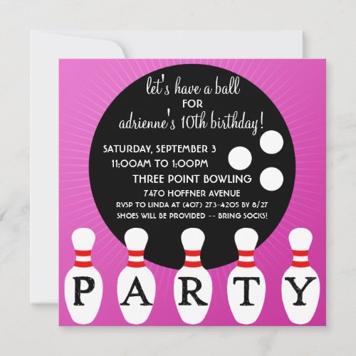 Lilac Pin Party Bowling Birthday Party Invitations