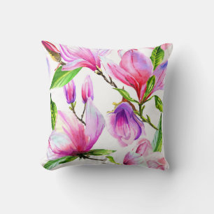 Lilac pink and violet watercolor magnolia flowers throw pillow