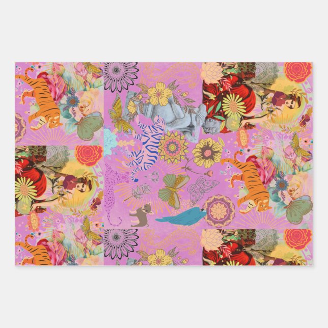 Lilac Pink Boho Whimsical Botanical Flora Wrapping Paper Sheets (Front)