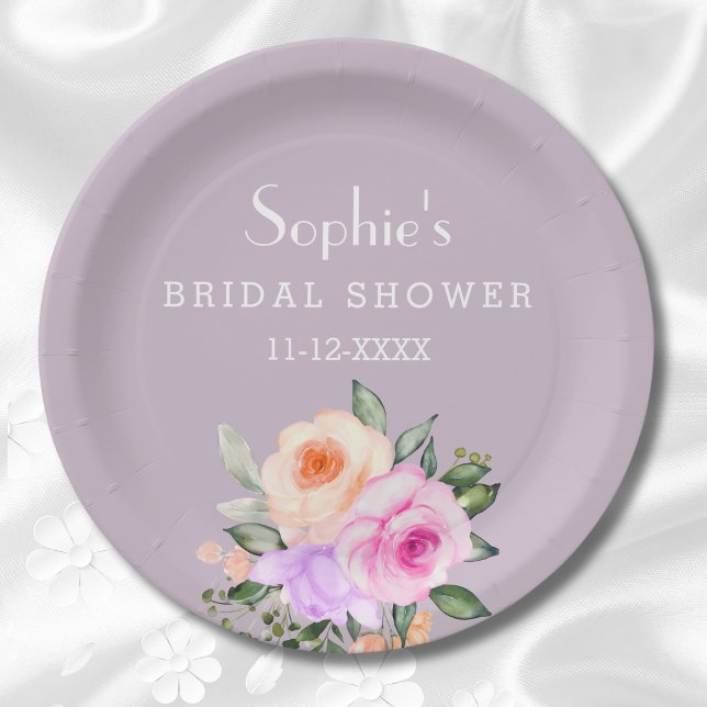 Lilac Pink Bright Floral Roses Bridal Shower Paper Plates (Creator Uploaded)