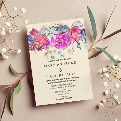 Lilac Pink Coral Teal Watercolor Floral Wedding Invitation