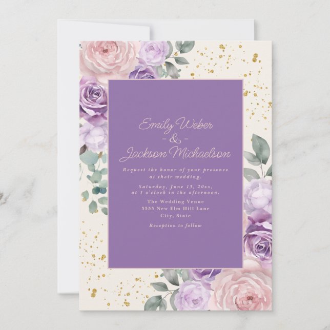 Lilac Pink Cream Floral Gold Glitter Wedding Invitation (Front)