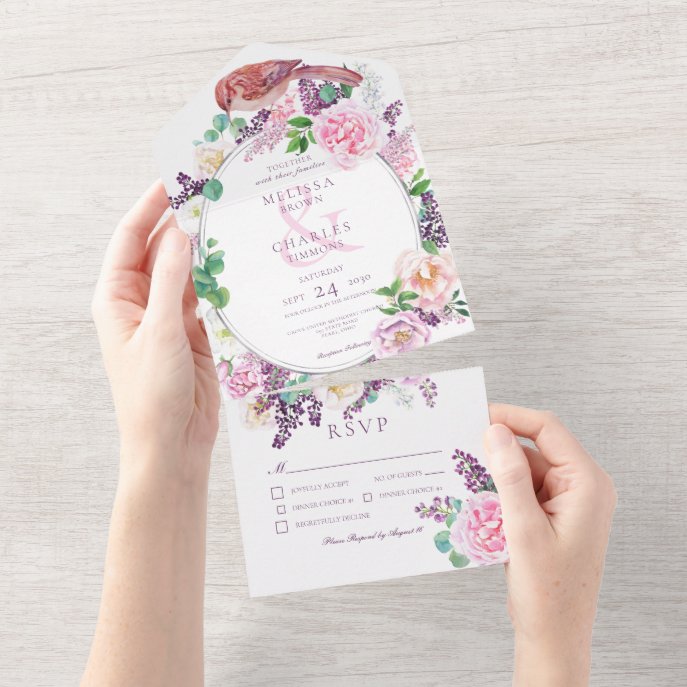Lilac &amp; Pink Floral Oval All in One Wedding Invite