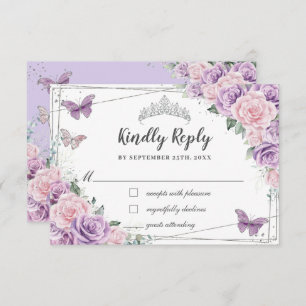 Lilac Pink Floral Roses Quinceañera Butterflies RSVP Card