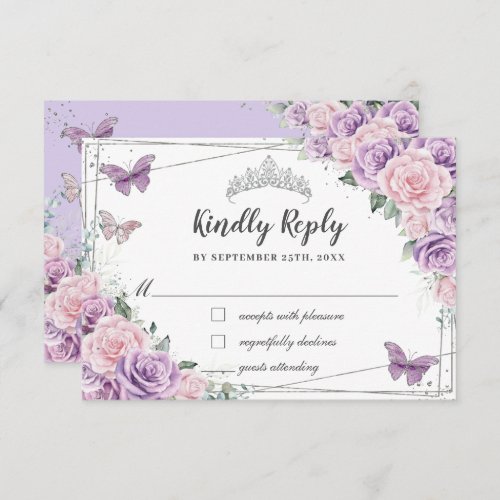 Lilac Pink Floral Roses Quinceaera Butterflies RSVP Card