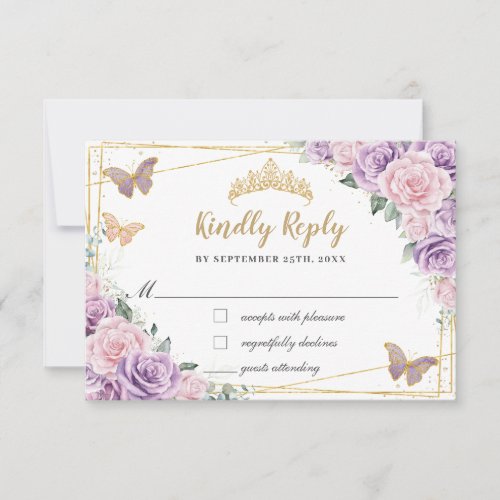 Lilac Pink Floral Roses Quinceaera Butterflies RSVP Card