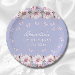 Lilac Pink Floral Whimsical Butterfly 1st Birthday Paper Plates