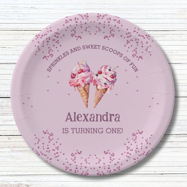Lilac Pink Girl Ice Cream 1st Birthday Party Paper Plates (Creator Uploaded)