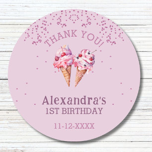 Lilac Pink Girl Ice Cream 1st Birthday Thank You Classic Round Sticker
