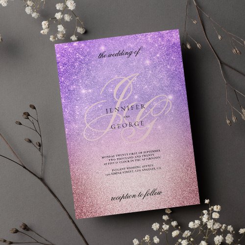Lilac pink monogram initial ombre glitter wedding  invitation