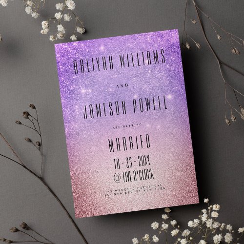 Lilac pink ombre glitter retro themed wedding  invitation