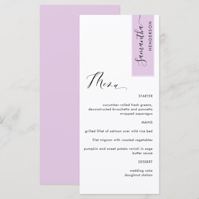 Lilac Pink Personalized with Guest Name Elegant Menu (Front/Back)