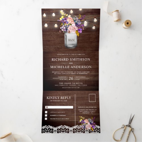 Lilac Pink Roses Mason Jar String Lights Wedding Tri_Fold Invitation