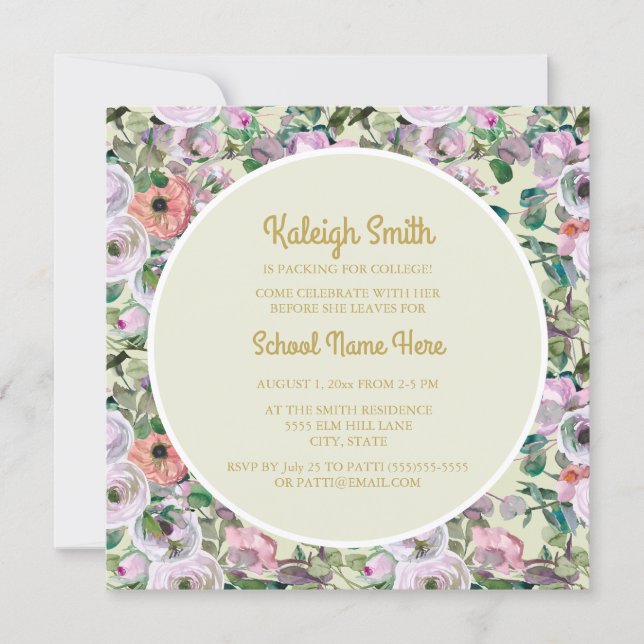 Lilac Pink Watercolor Floral Sage College Trunk Invitation (Front)