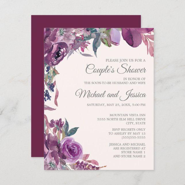 Lilac Plum Purple Floral Couple's Bridal Shower Invitation (Front/Back)