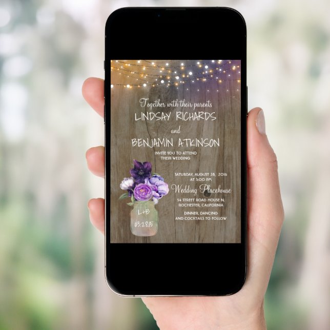 Lilac Plum Purple Floral Mason Jar Rustic Wedding Invitation (Front Digital)