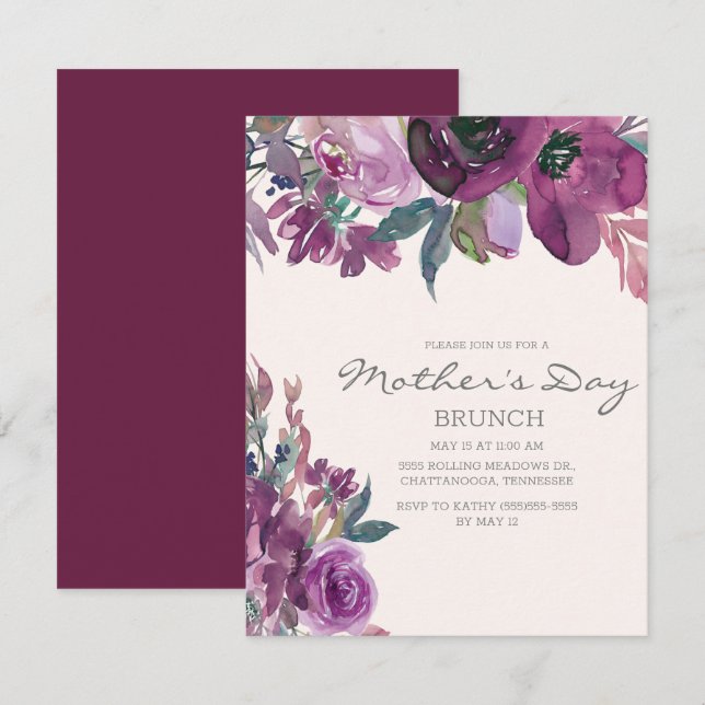 Lilac Plum Purple Floral Script Mother's Day Invitation (Front/Back)