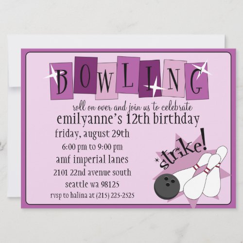 Lilac &amp; Plum Purple Totally Retro Bowling Birthday Invites