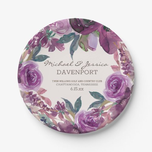 Lilac Plum Purple Watercolor Floral Wedding Paper Plates