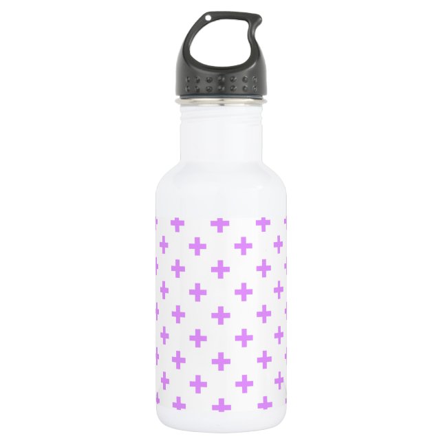 Lilac polka crosses on white stainless steel water bottle (Front)