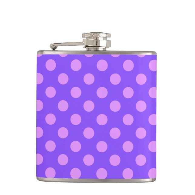 Lilac polka dots on periwinkle hip flask (Front)